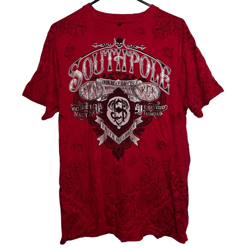 Southpole Y2K Grunge Emo Wings Cross Tribal Print Short Sleeve Shirt L